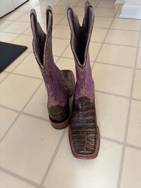Western Crocodile-Print Leather Cowboy Boots with Purple Stitching